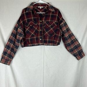 Hyfve Red and Blue Plaid Cropped Button Up Shirt